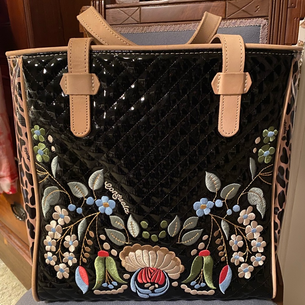 Conseula handbag. Absolutely beautiful embroidery on patent leather.
